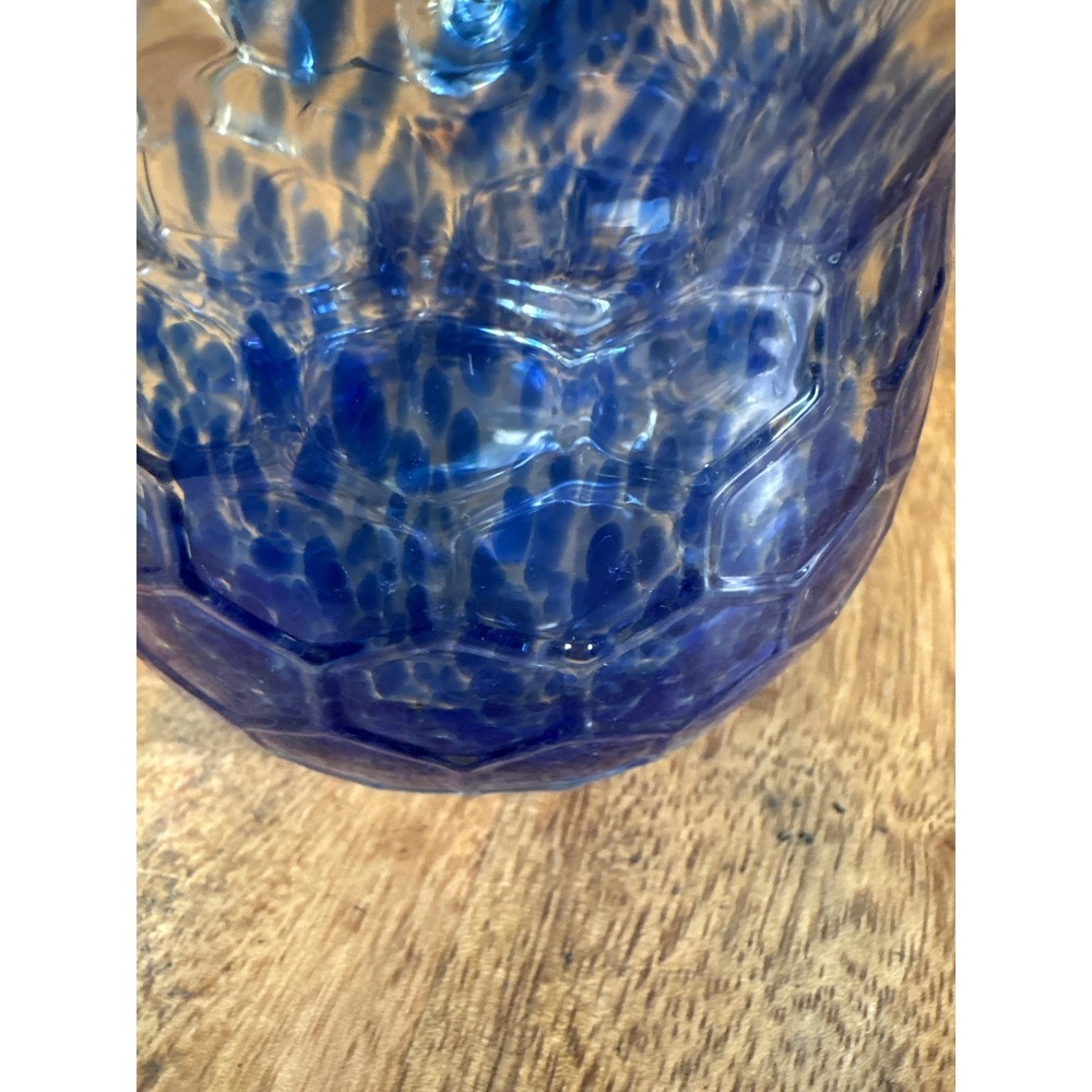 Hand Blown Glass Owl Vase Cobalt Blue Speckled Honeycomb Art Glass Vessel - Picture 7 of 7
